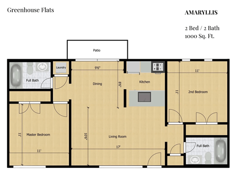 Floor plan for 2 beds, 2 baths, 1000 sqft